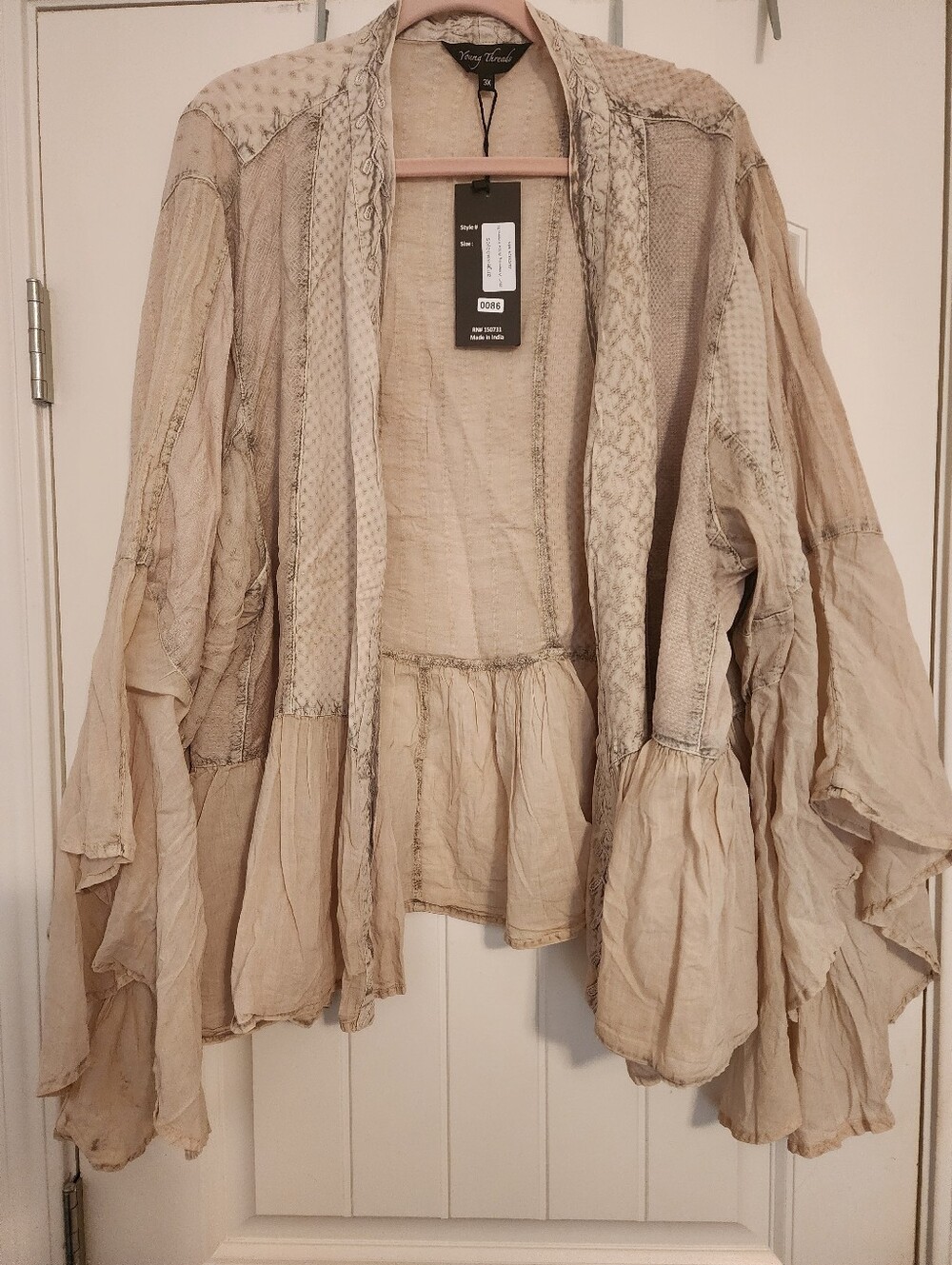 Young Threads NWT Beige Taupe Lightweight Boho Kimono 3X Flutter Sleeves Ruffles
